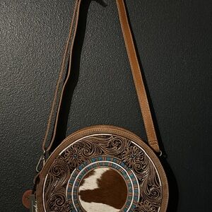 Brown Leather Crossbody Bag with Blue Accents